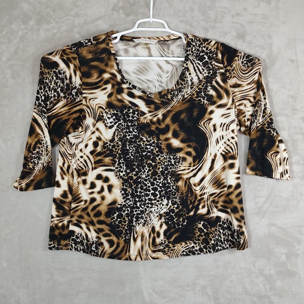 Peter Nygard Womens Size 2X Brown Animal Print 3/4 Sleeve Stretch Top V-Neckline